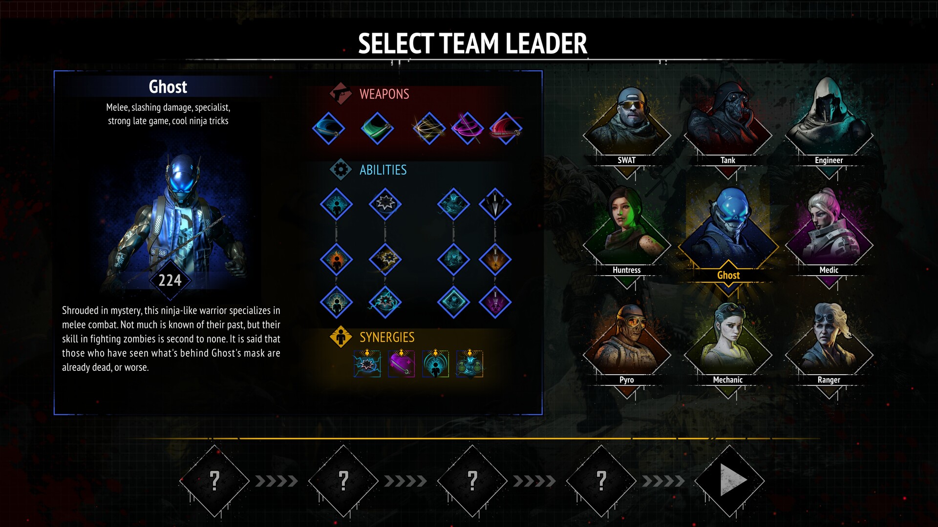 Official team leader selection screen showing the nine Survivors