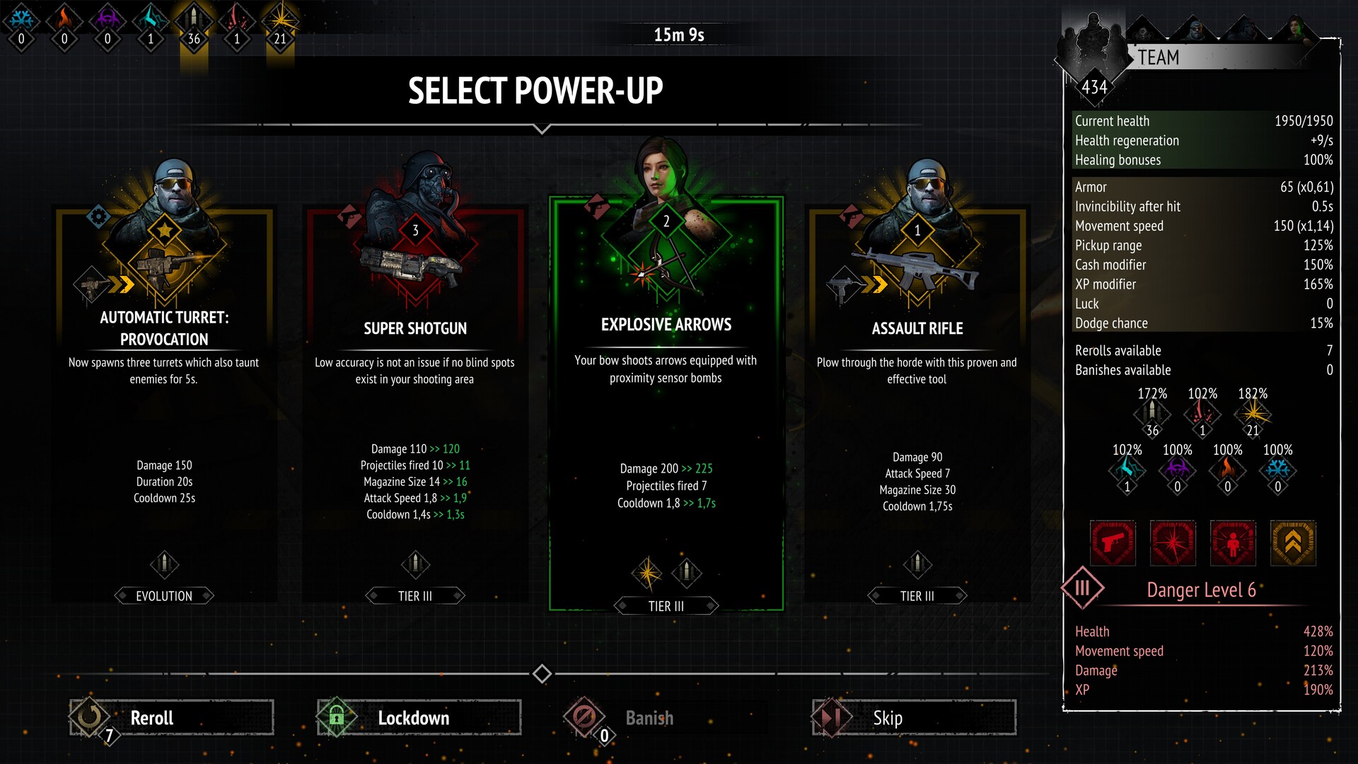 Official power-up selection screen showing weapons, abilities and team stats